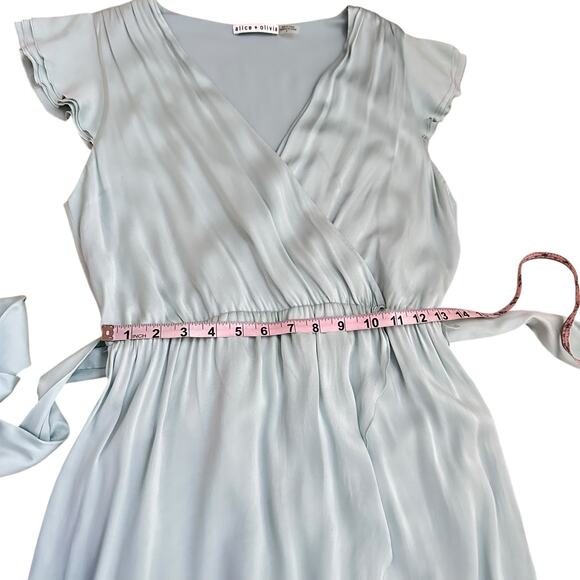 Alice + Olivia Silk Wrap Dress Sz 8 Icy Blue Flutter Sleeve High Low 90s Grunge - Picture 9 of 11